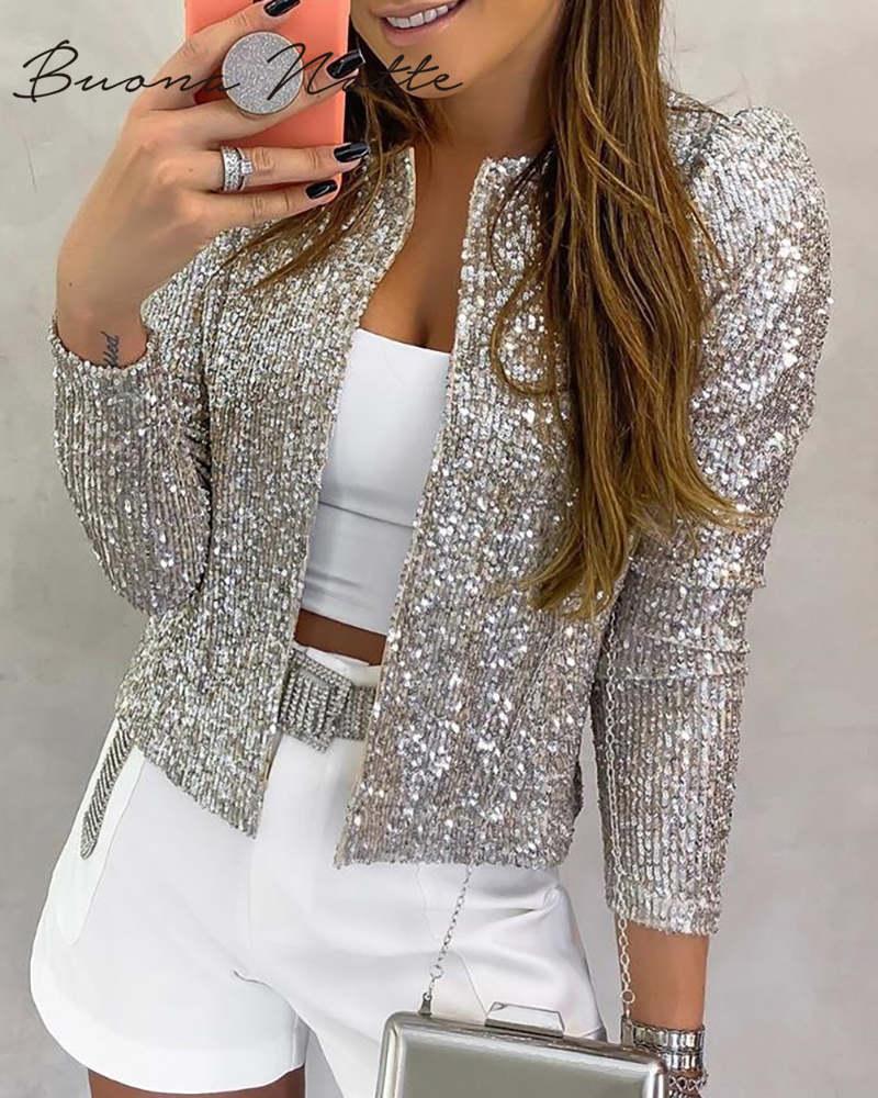 Women's Jackets Long Sleeve Open Front Sequin Coat Women Casual Female Jacket Pearls Buttons O-Neck Out Wear Ladies