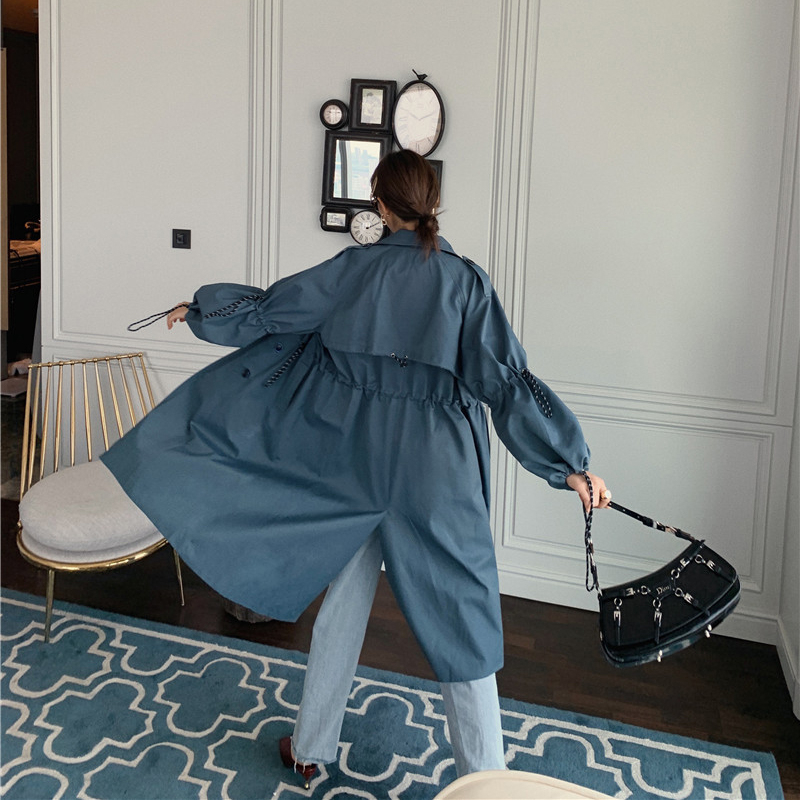 LANMREM autumn solid Women's double-breasted elegant turn-down collar pleated casual preppy style windbreaker coat 2A539 201102