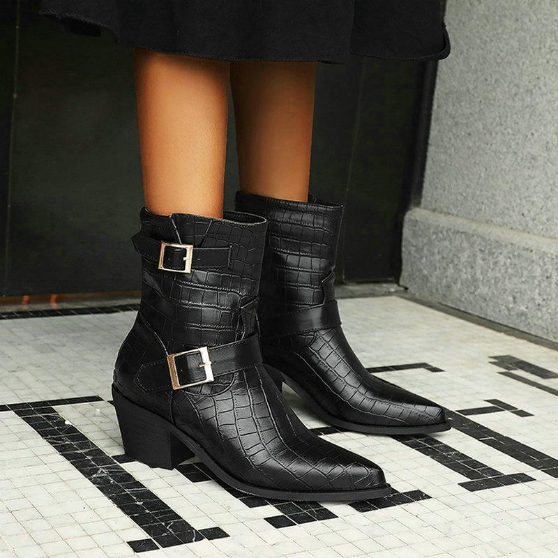 European and American pointed boots belt buckle thick heel high heel ankle boots naked personality big size female, Black
European and American pointed boots belt buckle thick heel high heel ankle boots naked personality big size female, Black