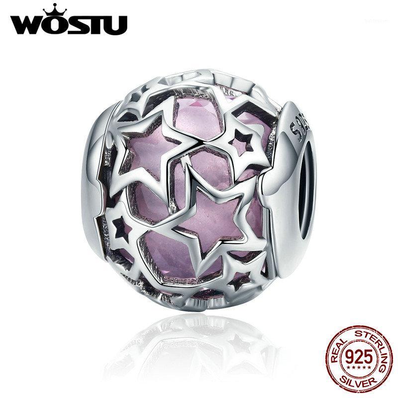 WOSTU Fashion New 925 Sterling Silver Shimmering Star Pink Crystal CZ Beads fit Charm Bracelets & Bangles For Women Jewelry1