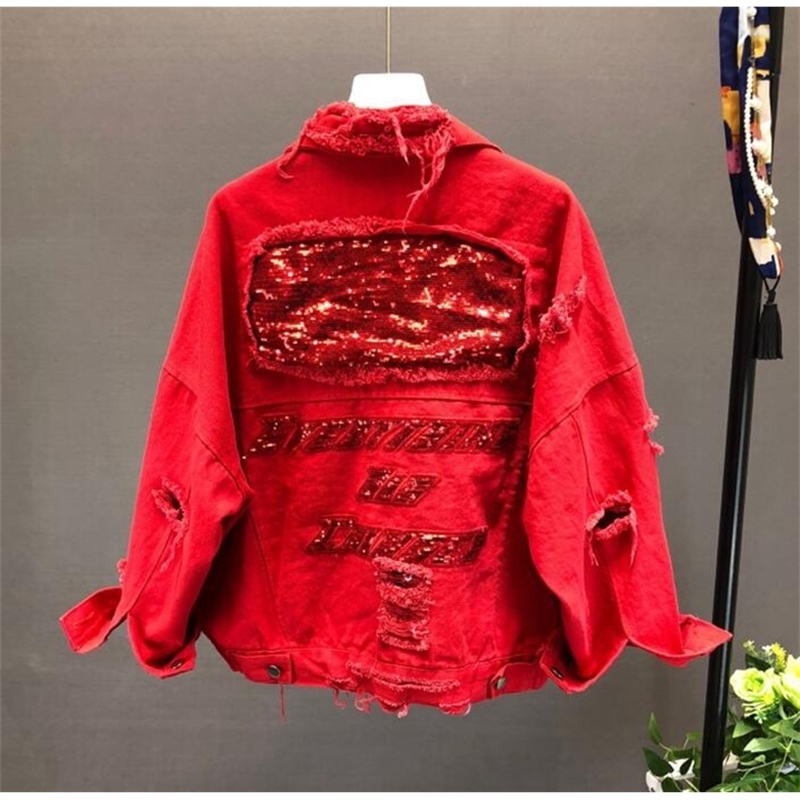 Spring Autumn Sequins Red Denim Jacket Women's Fashion Loose Short Hole Jacket Female Student BF Wind Black Jeans Coat Overcoats 201017