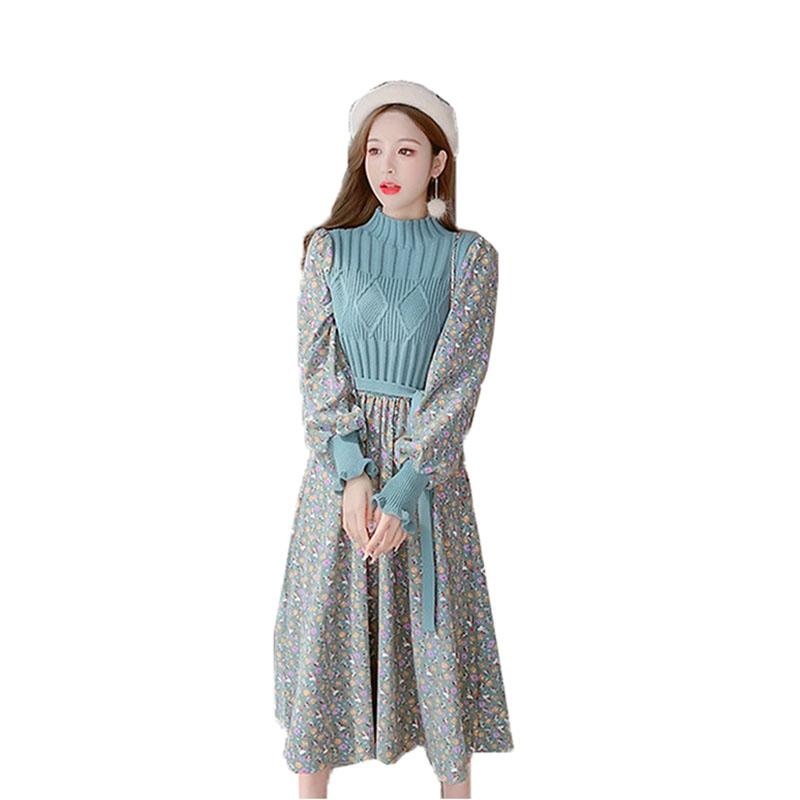Autumn Winter women' dresses Half High Collar knitted Sweater Splicing Corduroy Floral Dress Ladies Fashion Base Dress Vestidos, Green
Autumn Winter women' dresses Half High Collar knitted Sweater Splicing Corduroy Floral Dress Ladies Fashion Base Dress Vestidos, Green