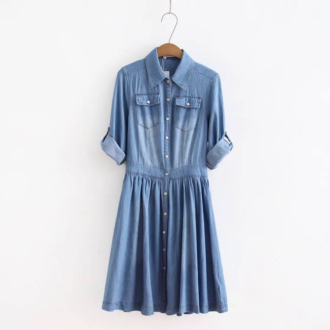 Wholesale- autumn new plus size woman clothing, female fashion loose casual denim dress, three quarter sleeve one-piece dress