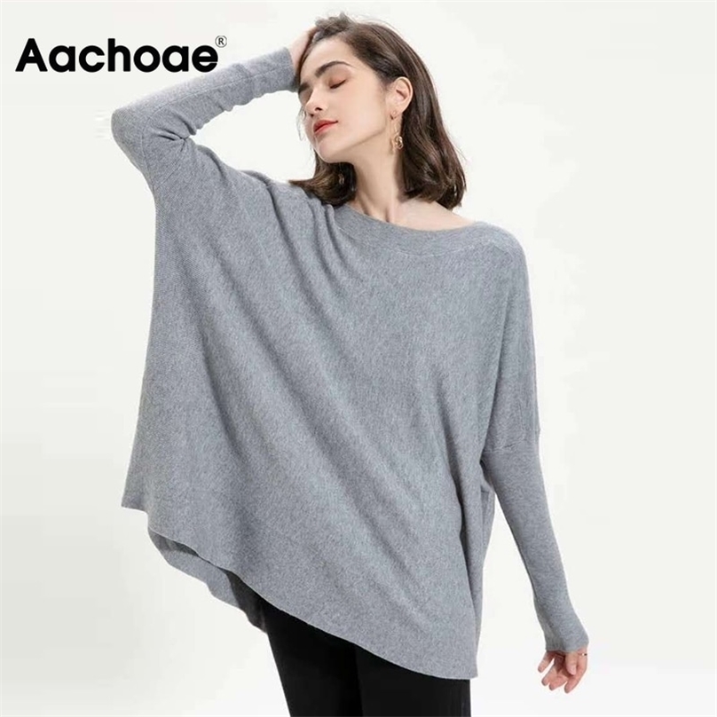 Aachoae O Neck Oversized Sweater Women Batwing Long Sleeve Casual Tops Solid Stylish Female Pullover Sweater Jersey Mujer 201222