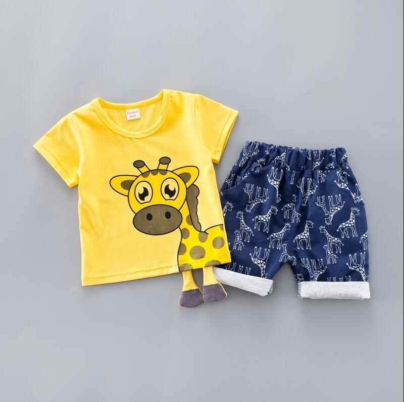Summer Kids Baby Clothes Set For Boys 0-4 Years CLOTH Cut Cartoon Animal Infant Clothing Suit Giraffe Top T-shirt Toddler Outfit 201126