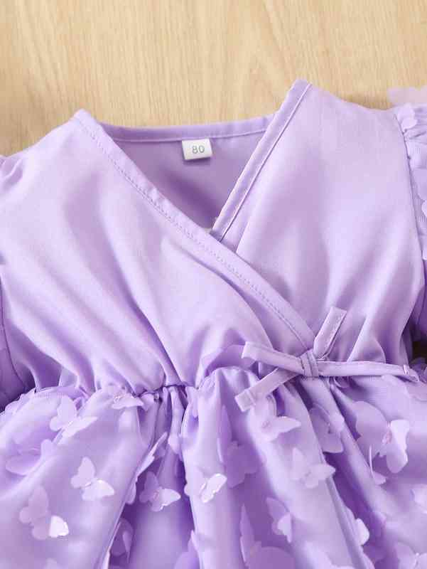 Baby Appliques Surplice Neck Flounce Sleeve Dress SHE