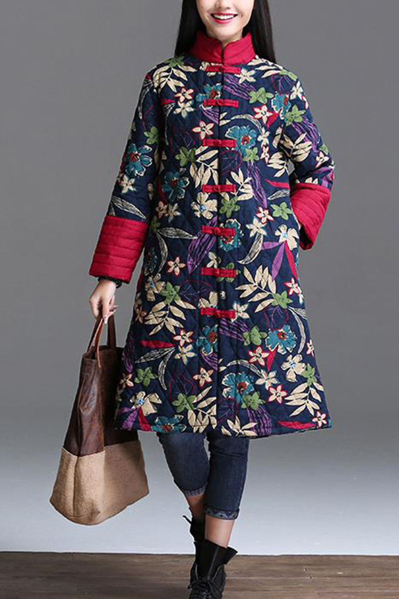 Chinese Red Floral Women Winter Warm Long Jacket Vintage Padded Coat Female Blue Flower Winter Quilted Parka Ladies Windbreaker 201217