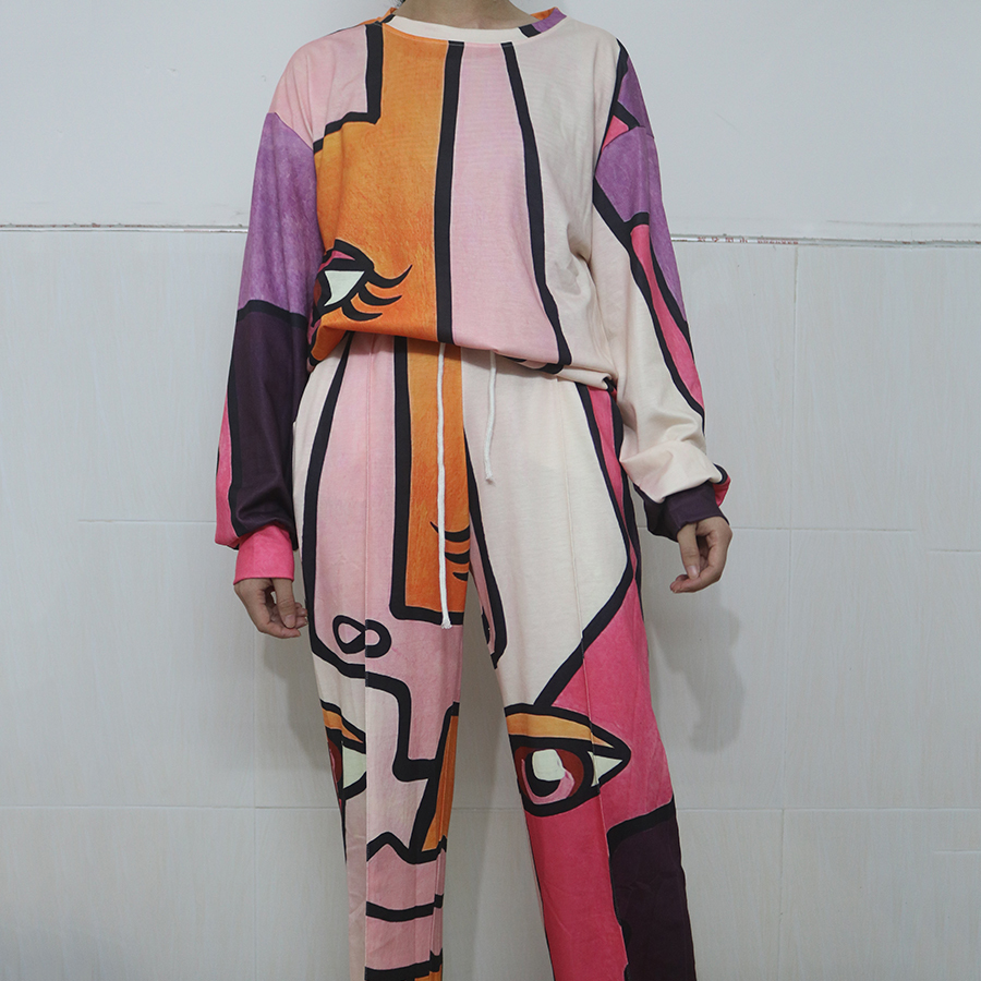Pink Face Eyes Hip Hop Thin Sweatshirt Pants Suit 2 Piece Set Women Tracksuit New Autumn Tops Loose Casual Girls Plus Size 3XL 201119