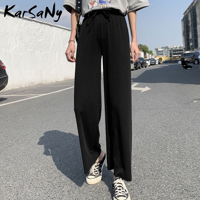 Summer Women Pants Wide Leg Trousers Ladies Thin Lace Up High Waist Loose For Ice Silk Pant Femme 201109