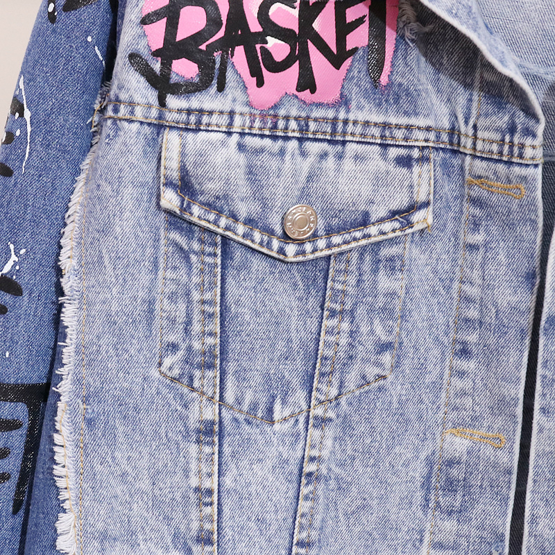Autumn New Fashion Denim Coat Women Harajuku Graffiti Print Worn Out Long Sleeve Denim Jacket Girl Students Jeans Coats Outwear T200319