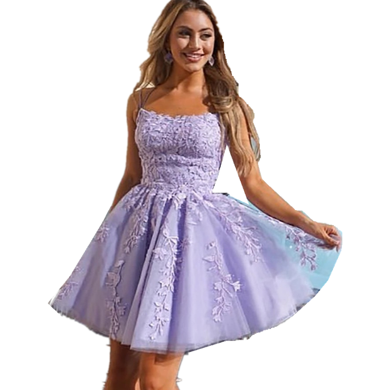 Short Lilac A Line Homecoming Dresses 2022 Above Knee Spaghetti Straps Prom Dress Sexy Backless Lace Appliques Sleeveless Tulle Mini Cocktail Party Go
