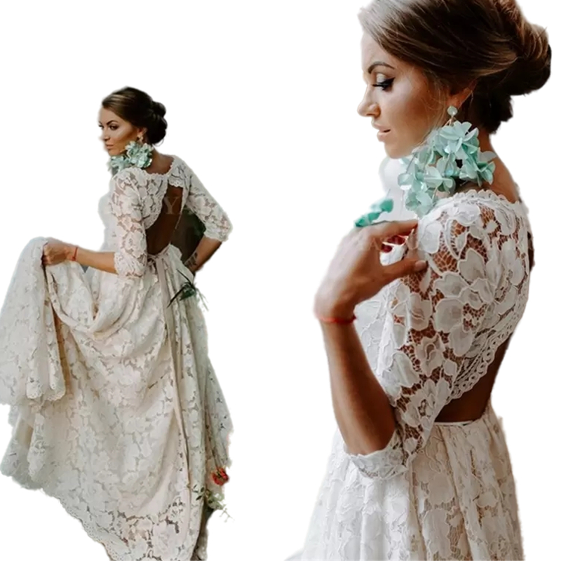 Rustic Bohemian Full Lace Open Back Wedding Dress with Sleeves 2022 Vintage Boho Beach Bridal Gowns A Line Country Plus Size Bride Dresses