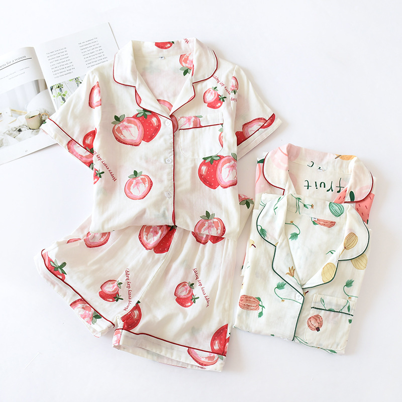 Cotton Thin Pajamas Ladies Summer Shortsleeved Shorts Home Costumes Nightwear Printed Fresh Loose Suit Ropa De Dormir Mujer T200429