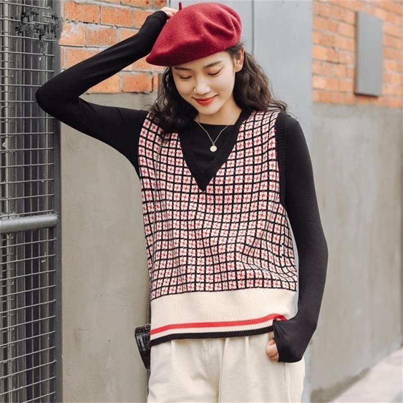 Women Sleeveless Pullover Winter Korean Style Vintage Geometric Plaid V Neck Soft Wool Sweater Vest Knitted Waistcoat T516 201225