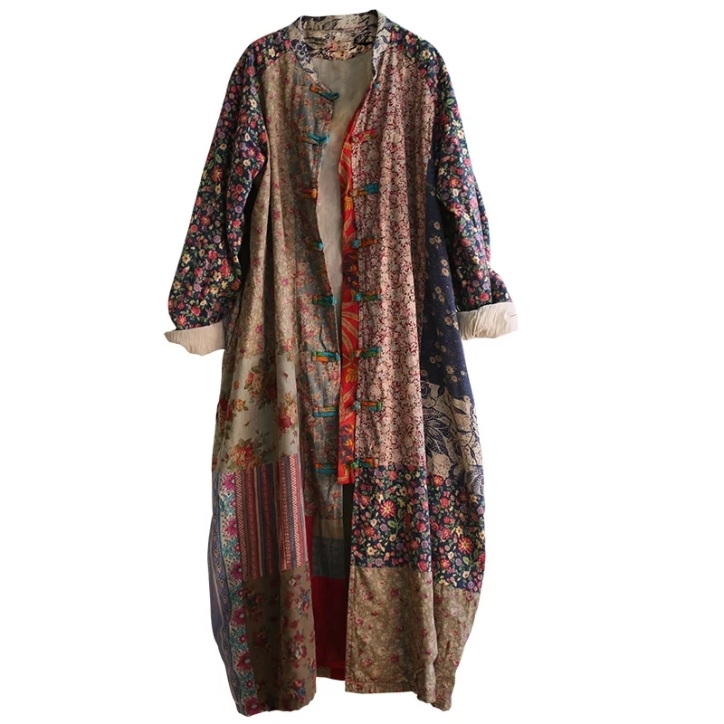 Johnature Women Print Floral Trench Vintage Coats Autumn New Stand Long Sleeve Loose Chinese Style Cotton Linen Trench Coat 201111