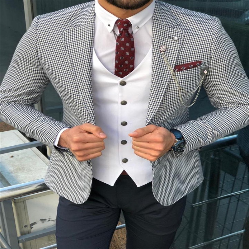 Blue Houndstooth Wedding Tuxedos Men Suits 3 Pieces Custom Made Wedding Suits Lapel Casual Fashion Formal Business Coat Pant Vest