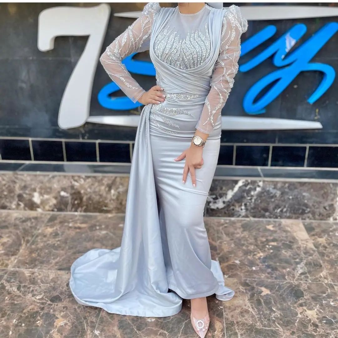 Sexy African Lace Mermaid Prom Dresses For Black Women Jewel Neck Long Sleeve Illusion Sequins Evening Party Gown Robe De Soiree