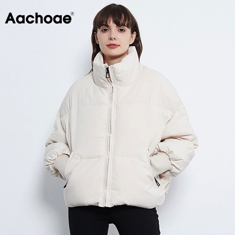 Aachoae Solid Color Fashion Winter Parka Women Long Sleeve Zipper Thick Warm Parkas Coat Casual Down Jacket With Pockets 200928