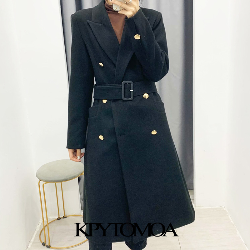 KPYTOMOA Women Fashion With Belt Double Breasted Woolen Coat Vintage Long Sleeve Pockets Female Outerwear Chic Overcoat 201102