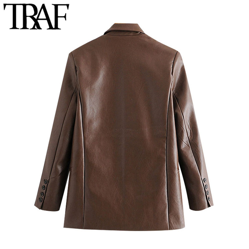 TRAF Women Fashion Double Breasted Faux Leather Blazers Coat Vintage Notched Long Sleeve Female Outerwear Chic Tops 201114