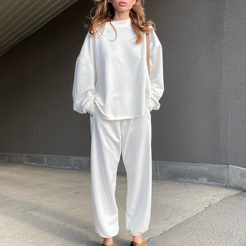 Casual 2 Piece Set Women Solid White Sweatshirt Suit Long Sleeve Hoodies Pullovers Elastic Waist Full Length Pants Set 201119