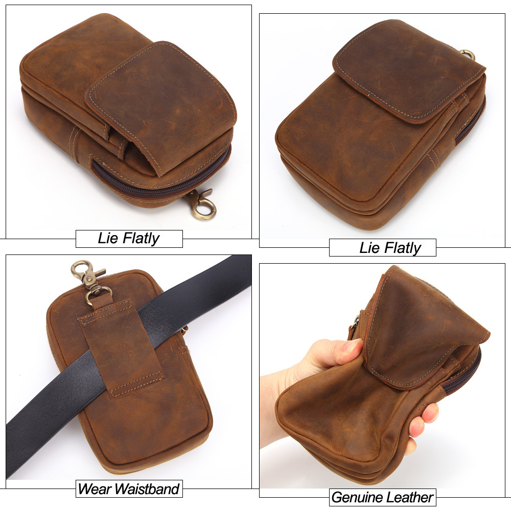 Flanker crazy horse leather men waist pack vintage small waist bag hook hip bag belt bag travel fanny pack with cell phone pouch 201119