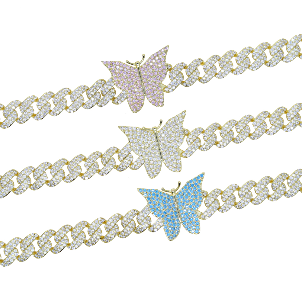 Gold Metal Color Micro Pave Blue Pink White CZ Butterfly Charm Miami Cuban Link Chain Choker Necklace for Women 2021 New Fashion Jewelry