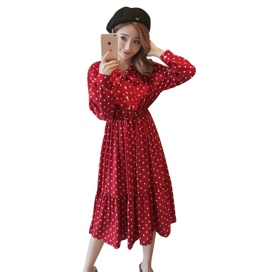8950# Maternity Clothes Spring Autumn Chiffon Long Sleeves Loose Polka Dot A Line Dress for Pregnant Women Mom Dress LJ201123