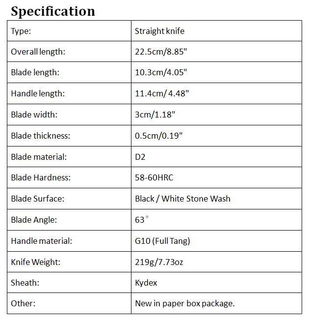 High Quality Survival Straight Knife D2 Steel Black/White Stone knife Wash Drop Point Blade Full Tang G10 Handle Fixed Knives With Kydex