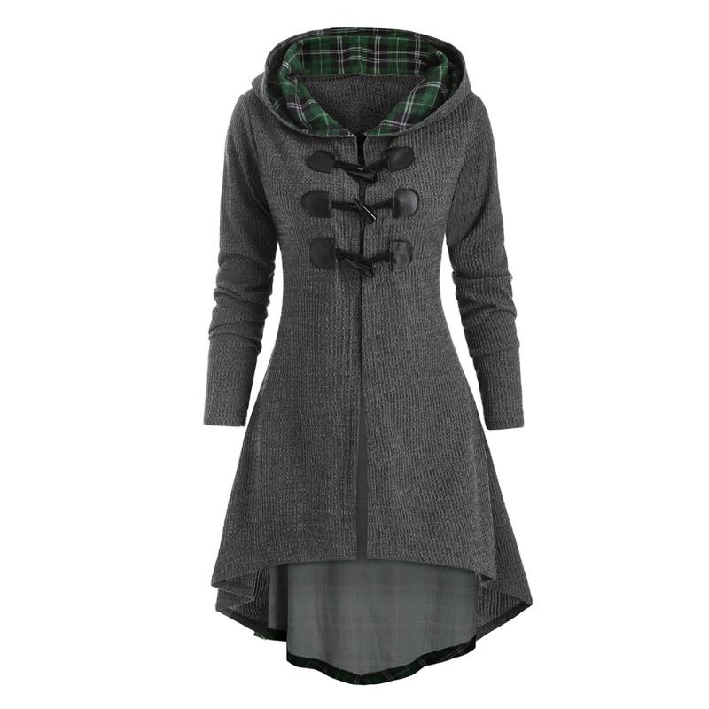 

2021 Autumn Winter Women Plaid Hooded Sweater Dress Fashion Horn Button Lace Up Dip Female Cardigans Casual High Low Knitwear, Gray