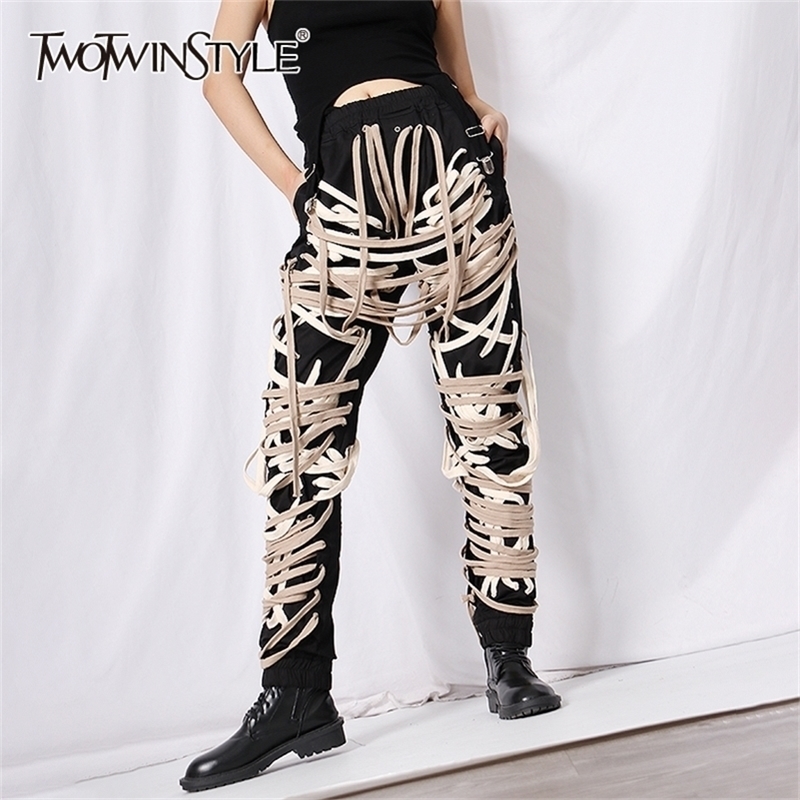 TWOTWINSTYLE Cross Bandage Pants For Women High Waist Full Length Plus Size Casual Black Trousers Female Autumn New Style 201118, Black and white
TWOTWINSTYLE Cross Bandage Pants For Women High Waist Full Length Plus Size Casual Black Trousers Female Autumn New Style 201118, Black and white