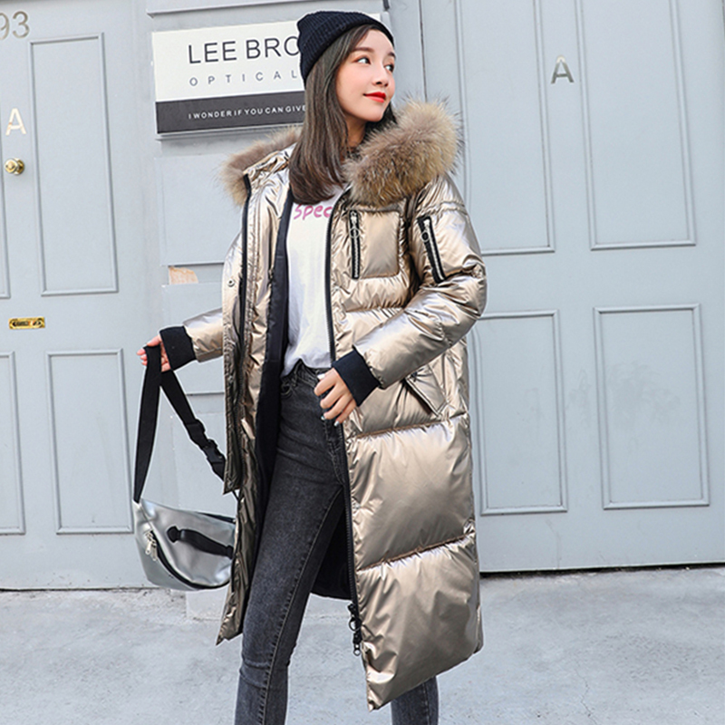 winter X-long shiny solid women's parkas plus size with fur collar hooded thick Korean style puffer coats and jackets women 201217