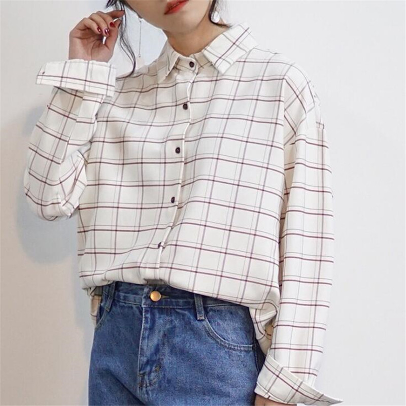 Loose Cotton Checkered Plaid College Blouses Shirt Cage Female Long Sleeve Casual Women Blouse Shirt Office Lady Tops T200319