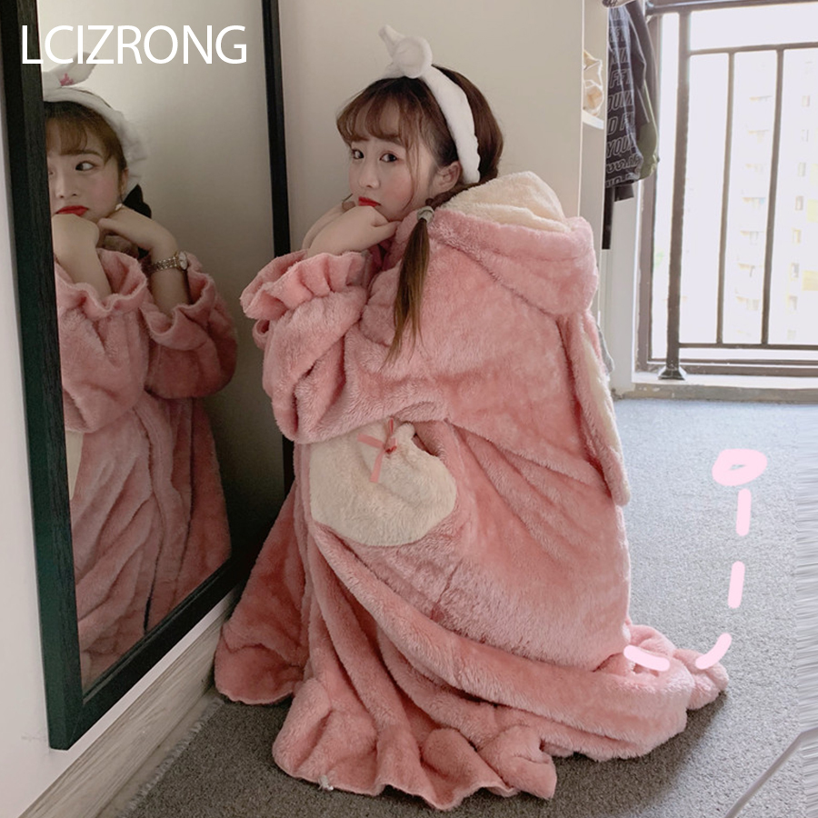 Winter Sweet Girl Cute Big Rabbit Ear Loose Bathrobe Women Fashion Warm Comfortable Midi Robe Long Sleeve Dressing Gown Female 210203