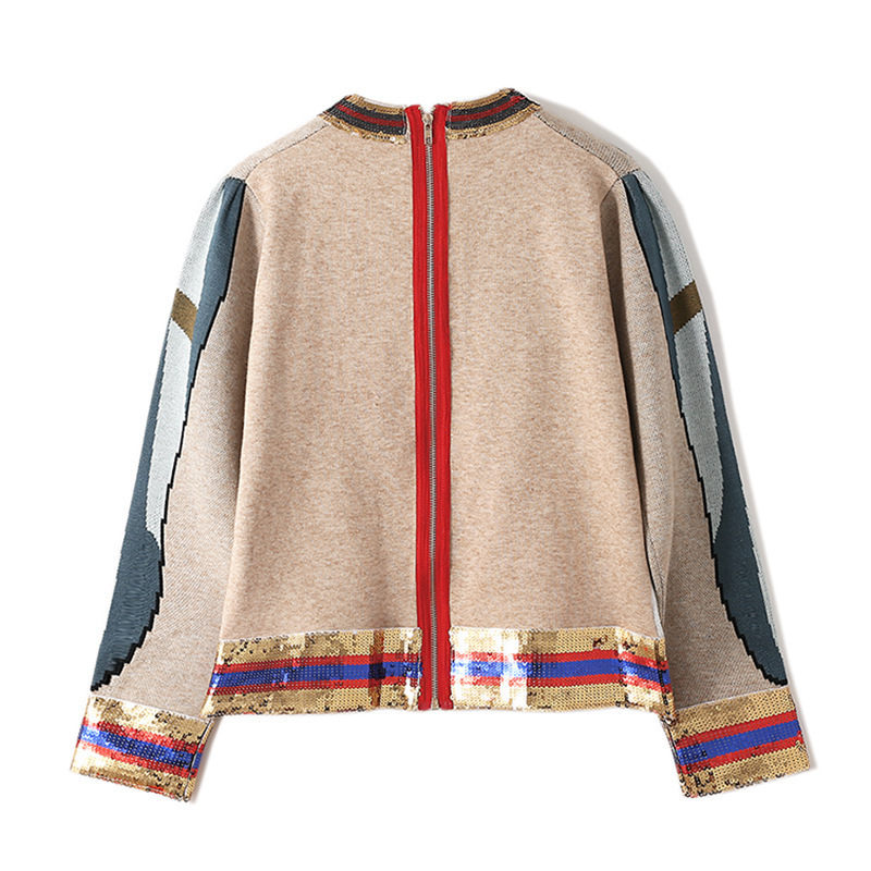 Star same heavy industry Sequin 3D parrot embroidery back zipper knit gold thread long sleeve round neck sweater female B-009 201130