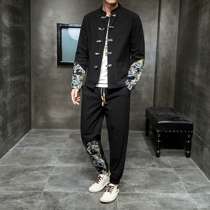 Vintage, China, autumn suit, sea water, Jiangya splice printing, Chinese-style 201124