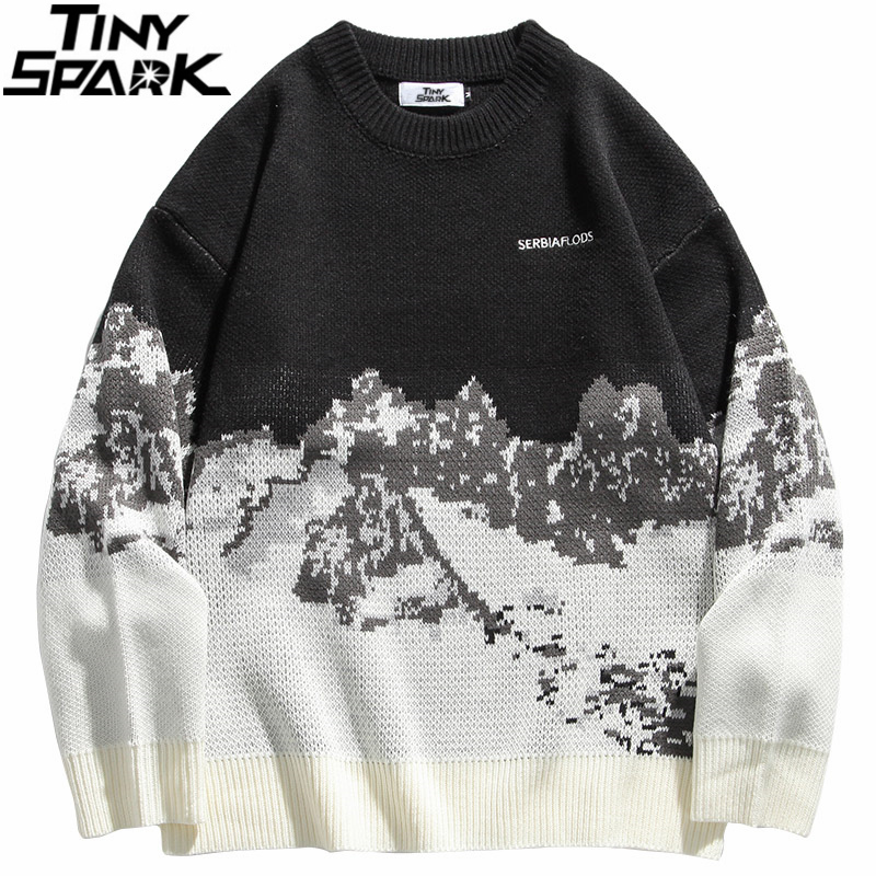 Men Hip Hop Streetwear Knitted Sweater Embroidery Retro Vintage Snow Sweater Cotton Harajuku Casual Pullover Sweater Black 201125
