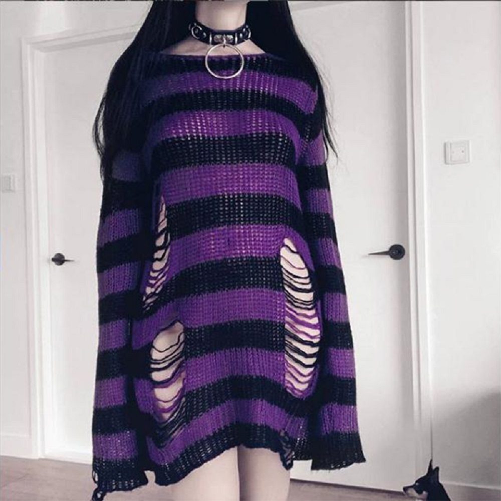 Rosetic Pullovers Striped Short Women Sweater Casual Knitwear Streetwear Jumper Gray Black Gothic Knitted Sweaters Goth 201224