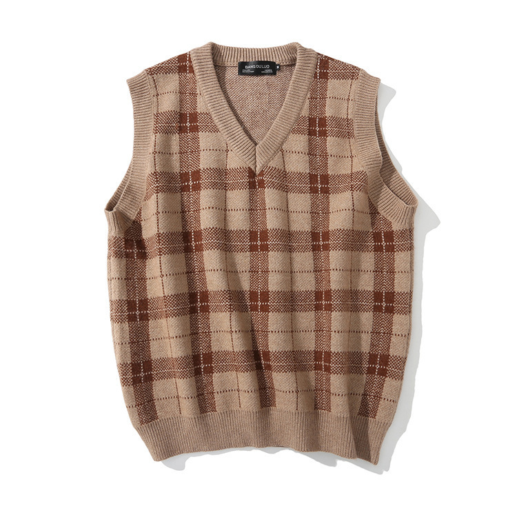 Vintage Plaid Knitted Sweater Men 95% Cotton V Neck Sleeveless Sweaters Japan And Korean Clothes Brown Knit Vest Jumpers L 201125