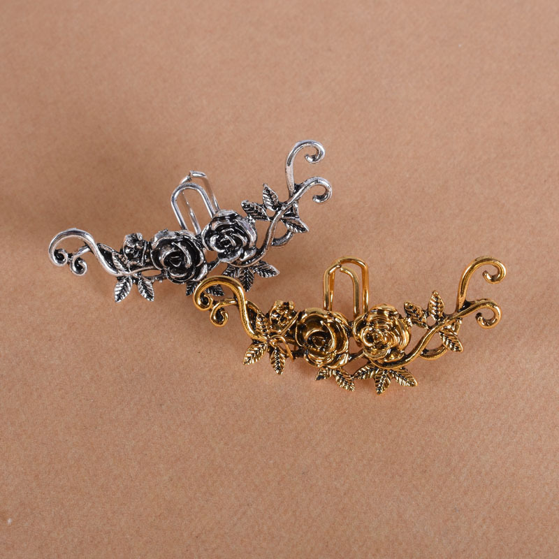 Ethnic Designer Ear Cuff Antique Gold Silver Carved Rose Flower Ear Cuffs Clip On Earring for Women No Piercing Helix Ear Jewelry Ladies Temperament E