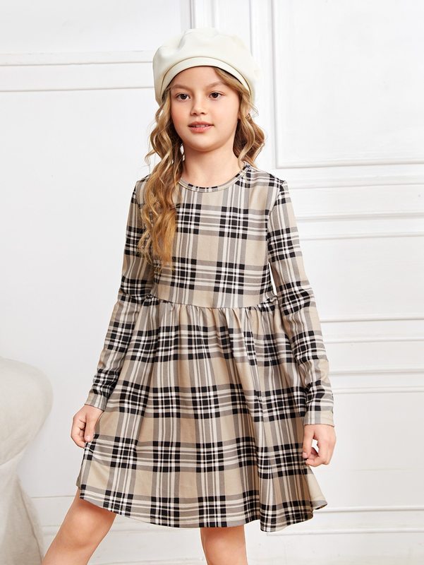 Girls Plaid Print Smock Dress SHE