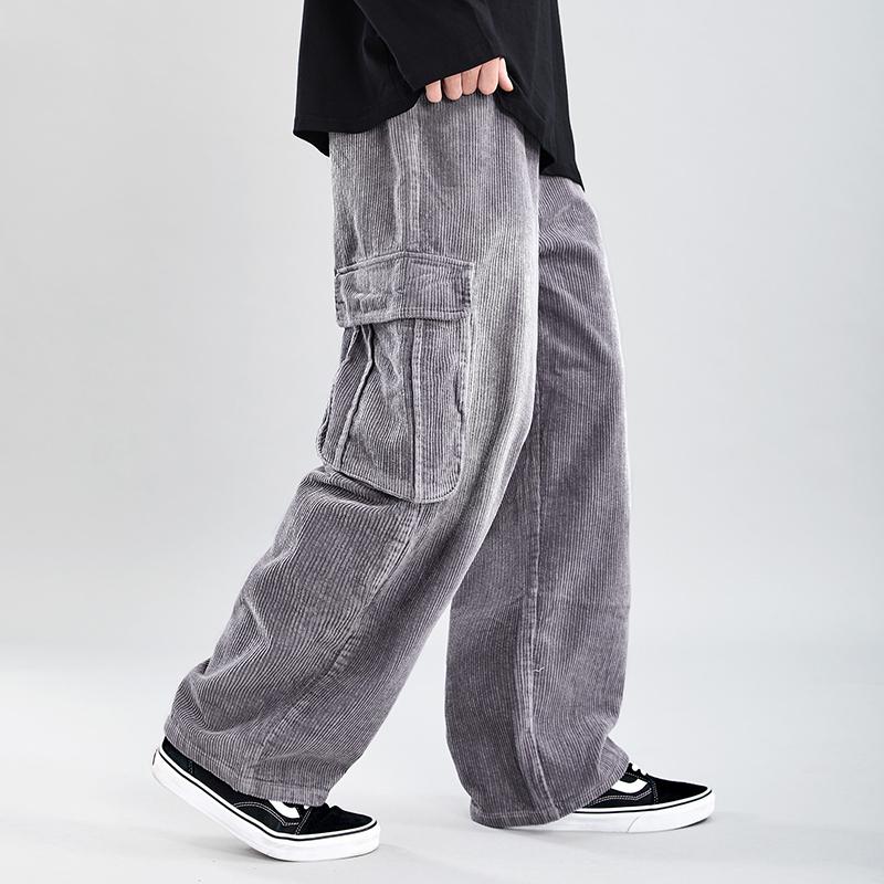 Corduroy Trousers Mens Old School Multi-pocket Cargo Pants Men Casual Thick Baggy Straight Elasticated-waist Wide-Leg Black Pant1