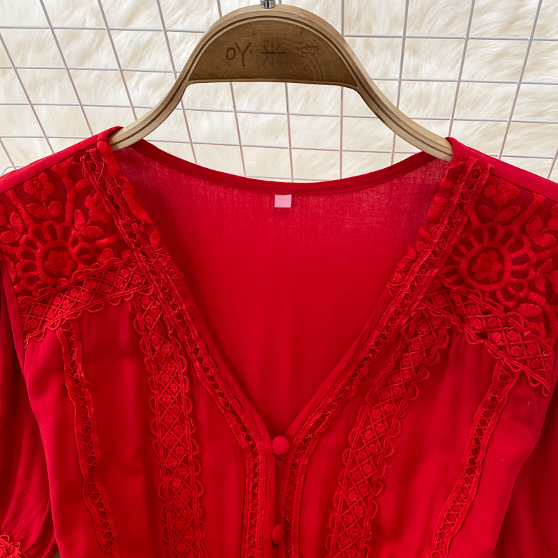 Summer Sexy Black/Red Embroidered Dress Women Elegant V-Neck Short Sleeve High Waist Single Breasted A-Line Vacation Beach Robe 2022