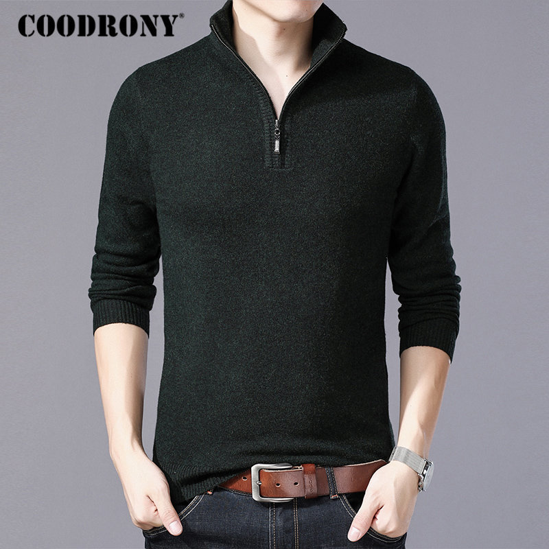 COODRONY Merino Wool Sweater Men Casual Zipper Turtleneck Pullover Men Autumn Winter Thick Warm Mens Sweaters Pull Homme W001 201118