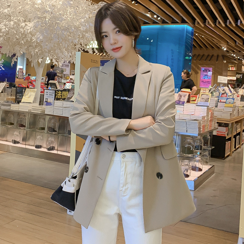 Women Blazer Jacket OL Spring Coat Casual Double Breasted Notched Collar Female Loose Jackets Fashion Suits Outwear 201114