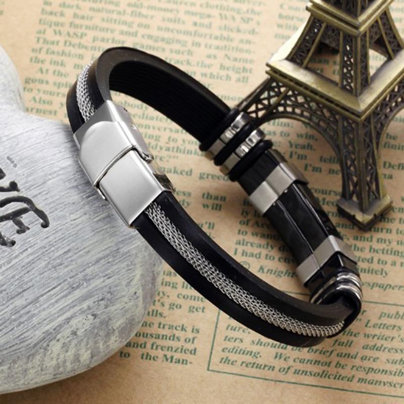 Mens Bracelets Black Stainless Steel Silicone Bracelets Charm Bracelet Male Bangle For Men Jewelry Silver & Rose Gold Color