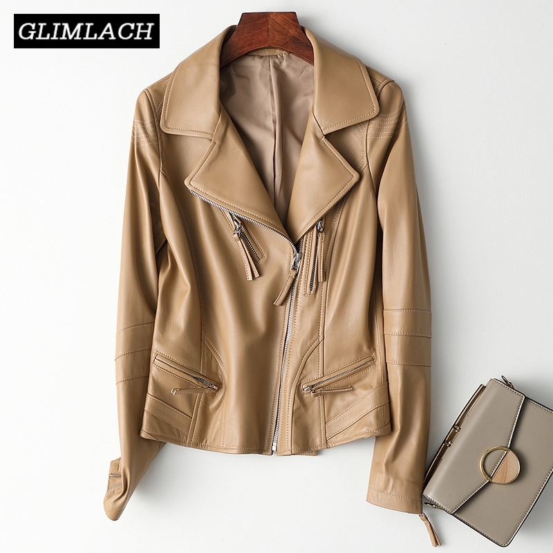 Autumn Office Lady Clothes Real Leather Jacket Women Lapel Long Sleeve Slim White Lambskin Genuine Leather Short Coats Female 201030