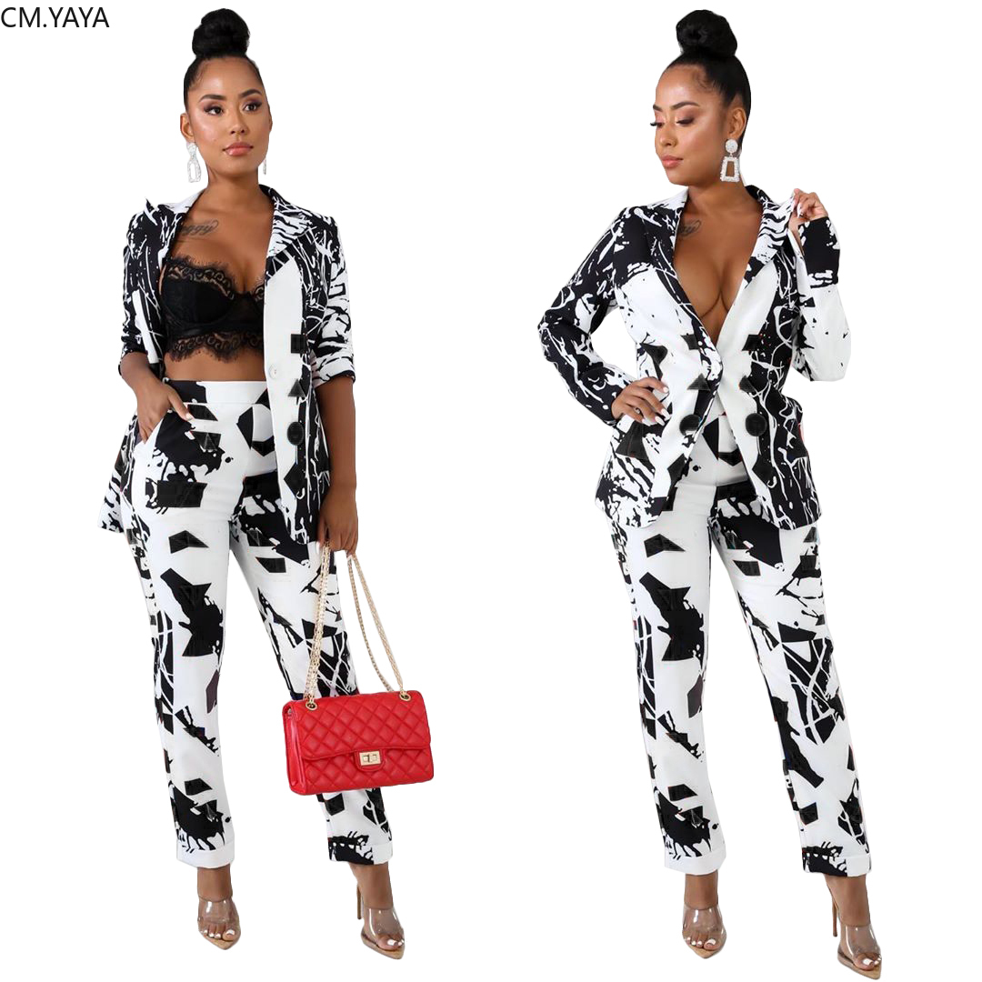 New Autumn Winter Print Full Sleeve Blazers High Wasit Pants Suit 2 Piece Set Office Lady Outfit uniform Women's set D5069 T200818