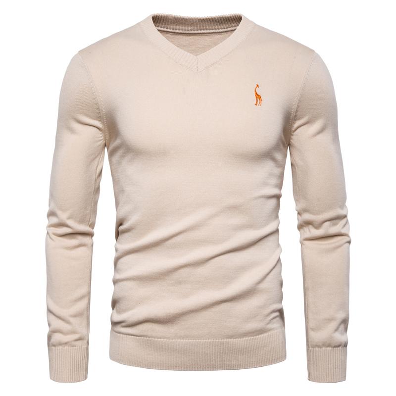 2020 Autumn Winter Brand Quality 100% Cotton Mens Sweaters V Neck Pullovers Men Solid Embroidery Sweater Men, Black