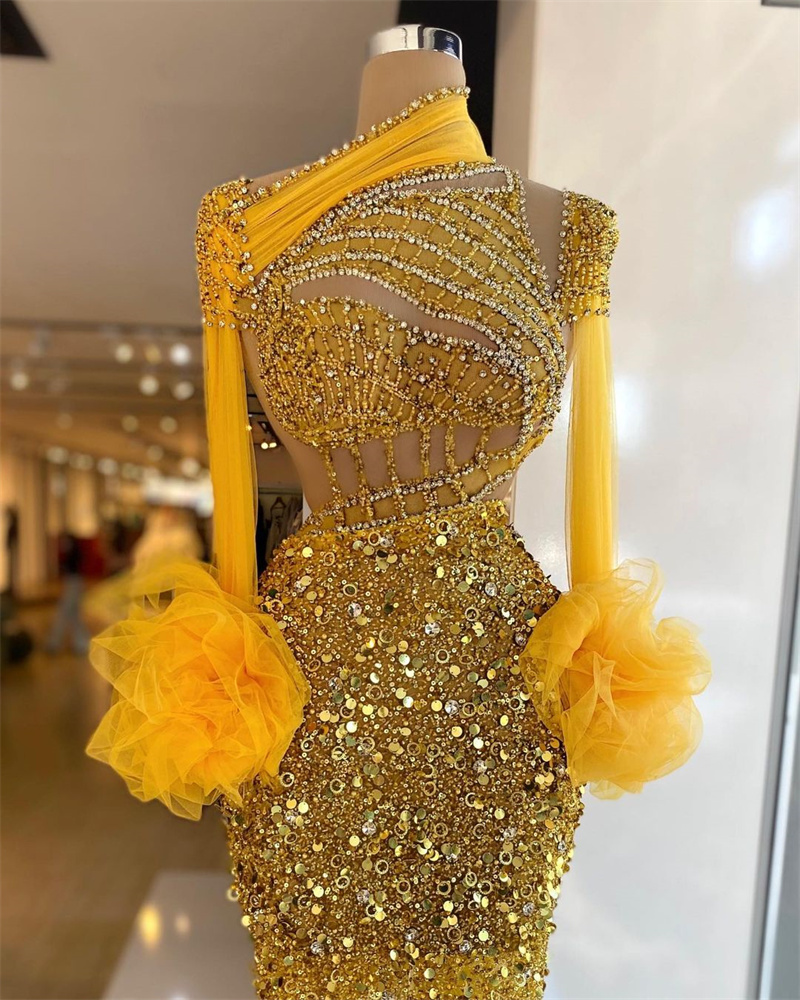 Glitter Yellow Bling Bling Prom Dresses Tiered Ruffles Evening Dress Custom Made Long Sleeves Elegant Celebrity Party Gown